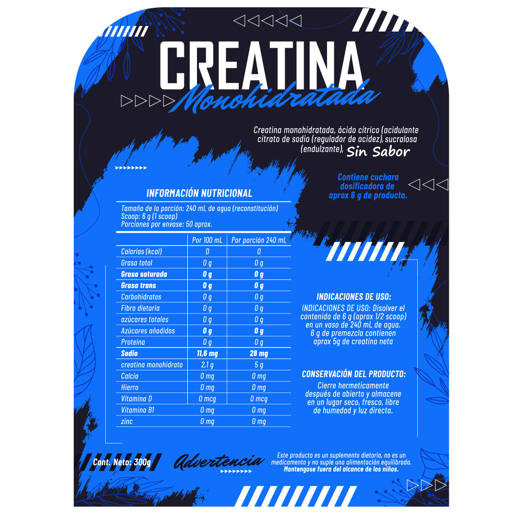 CREATINA MONOHIDRATADA SIN SABOR 83% DE PUREZA X 300 G